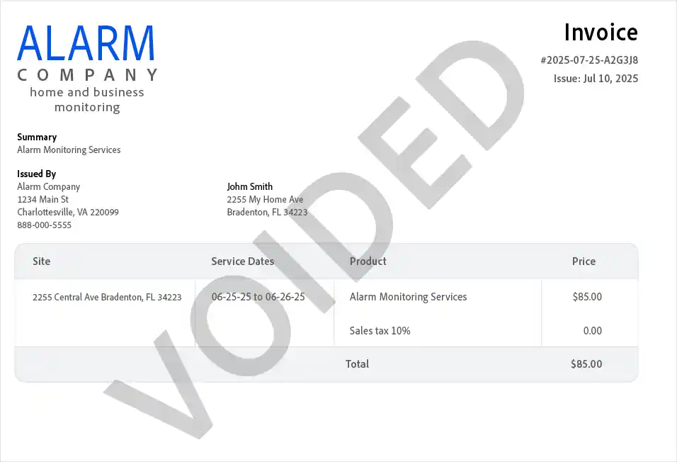 Voiding an Alarm Company Invoice